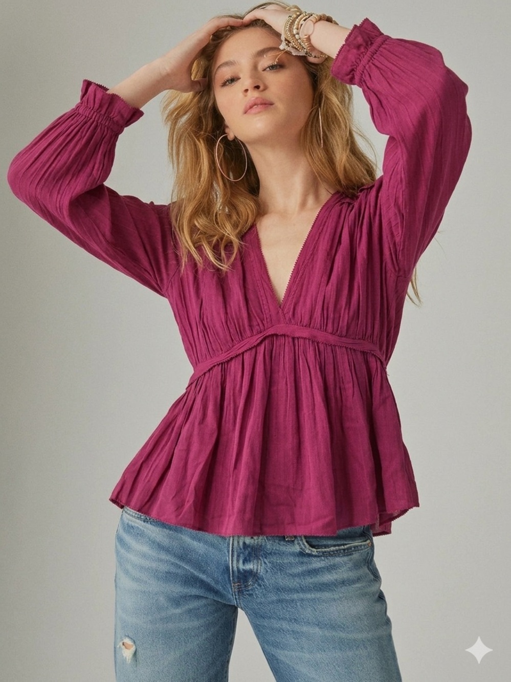 NWT Lucky Brand Raspberry V-Neck Peasant Blouse Babydoll Lace Trim Top Size S